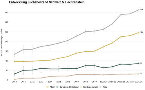 Entwicklung der Luchspopulation in der Schweiz (2010–2024/25): Ab dem Jahr 2020/21 basiert die Darstellung auf dem biologischen Jahr. Die Erhebungszeiträume erstrecken sich dann jeweils vom 1. Mai des Vorjahres bis zum 30. April des Folgejahres. © KORA