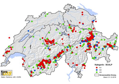 Présence avérée de loups en Suisse en 2018, présentée par catégorie SCALP 