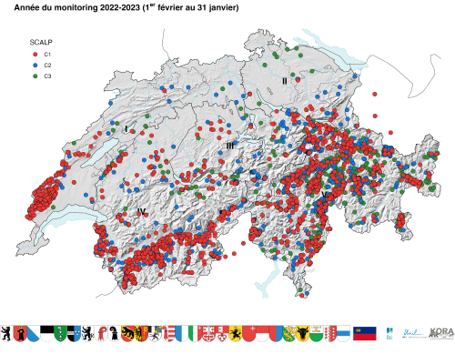 Présence avérée de loups en Suisse en année du monitoring 2022/2023, présentée par catégorie SCALP 