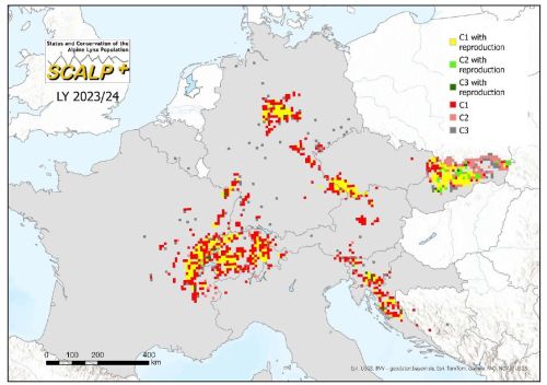 Lynx distribution in Central Europe 2022/2023 according to the SCALP criteria
