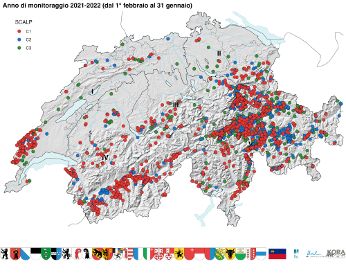 Indicazioni sulla presenza di lupi in Svizzera nell'anno di monitoraggio 2021/2022 presentate secondo le categorie SCALP