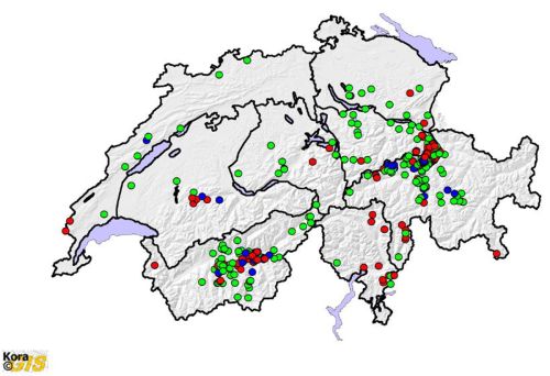 Présence avérée de loups en Suisse en 2015, présentée par catégorie SCALP 