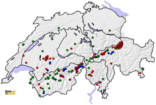Présence avérée de loups en Suisse en 2013, présentée par catégorie SCALP 