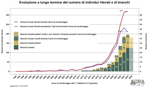 Evoluzione a lungo termine del numero du individui rilevati e di branchi in Svizzera e nel Liechtenstein